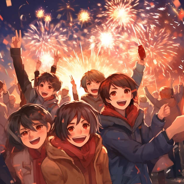 Mooie anime nieuwjaarsnacht scène.