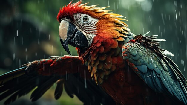 Mooie ara-papegaai met regendruppels op zijn snavel