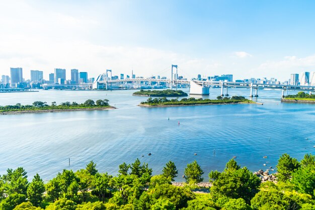 Mooie architectuur de bouwcityscape van de stad van Tokyo met regenboogbrug