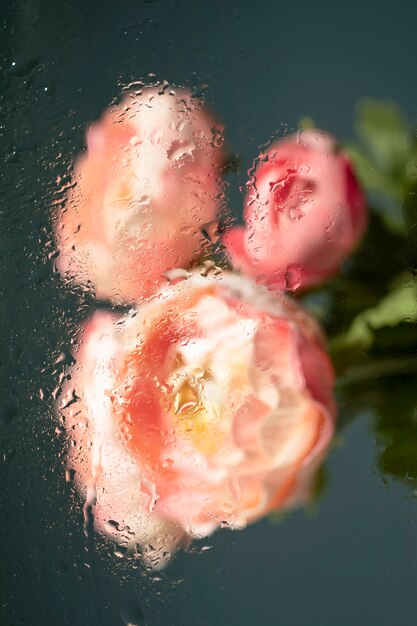 Mooie bloemen gezien achter vochtigheidsglas