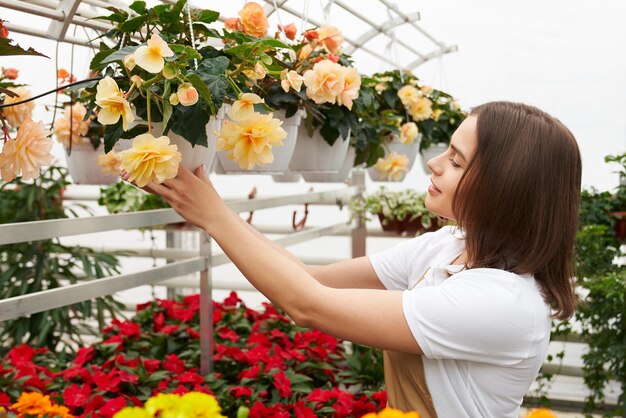 Mooie brunette vrouw die voor bloemen zorgt