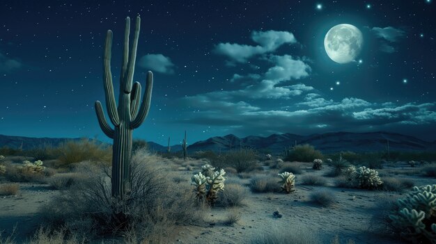 Mooie cactusplant met woestijnlandschap en nachtelijke tijd