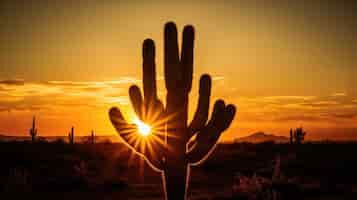 Gratis foto mooie cactusplant met woestijnlandschap en zonsondergang
