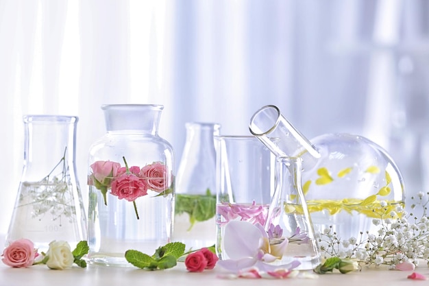 Mooie compositie met parfummonsters en bloemen op tafel