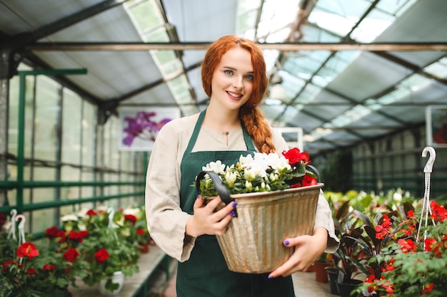 Mooie dame in schort die bloemen in een metalen pot vasthoudt terwijl ze vrolijk in de camera kijkt in de kas