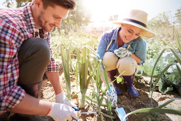 Mooie jonge mensen die voor hun tuin zorgen