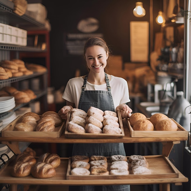 Mooie jonge vrouw in schort met een dienblad met vers brood in de bakkerij