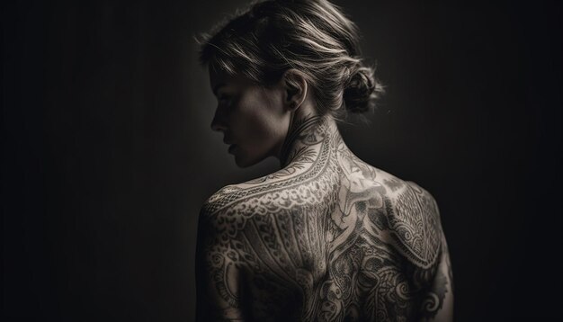 Mooie jonge vrouw met tatoeage straalt sensualiteit uit, gegenereerd door AI