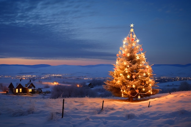 Gratis foto mooie kerstboom bovenop de heuvel