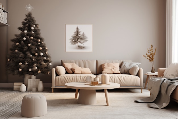 Gratis foto mooie kerstboom met bank