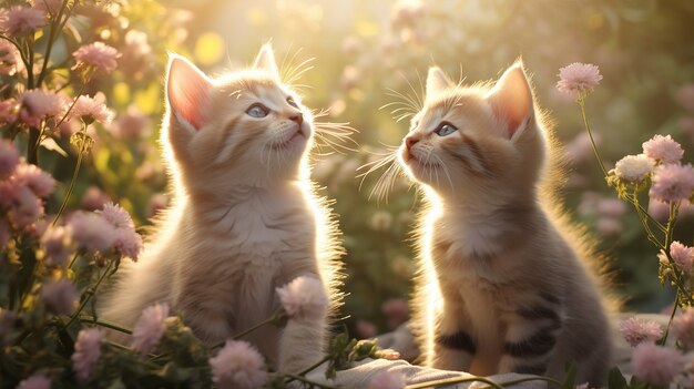 Mooie kittens met bloemen buitenshuis