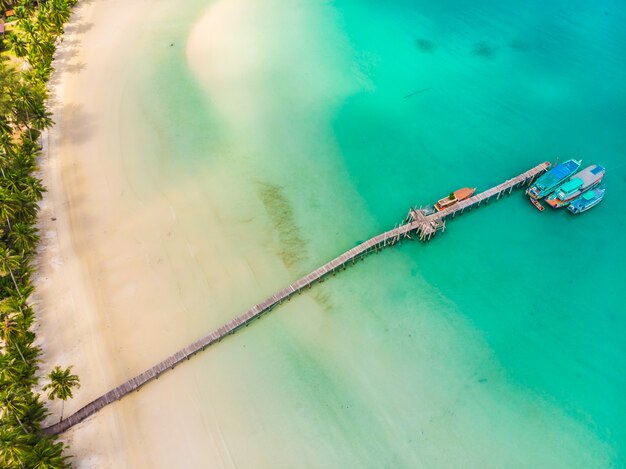 Mooie luchtfoto van strand en zee met coconut palmboom