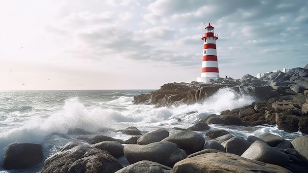 Mooie rode en witte vuurtoren op de rotsen met een sterk zeegolf AI-gegenereerd beeld