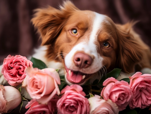Gratis foto mooie rozen en schattig huisdier