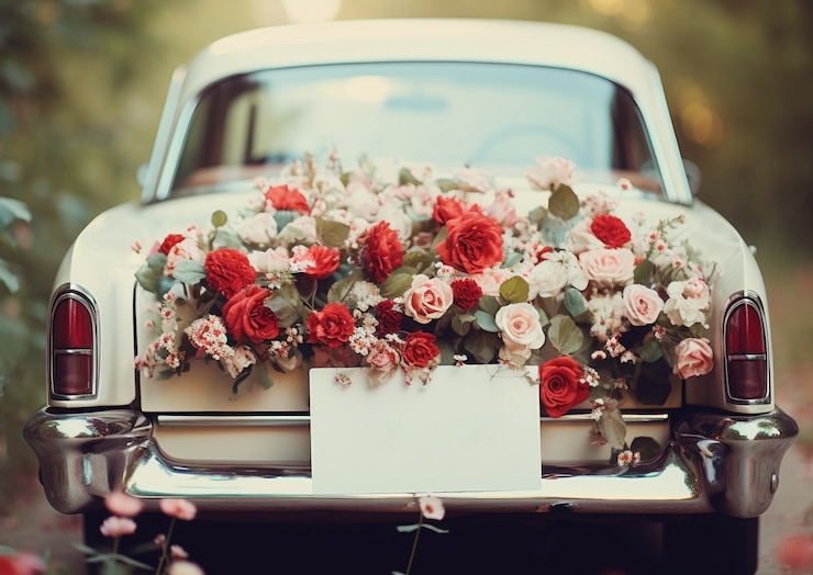 Gratis Foto mooie rozen met vintage auto