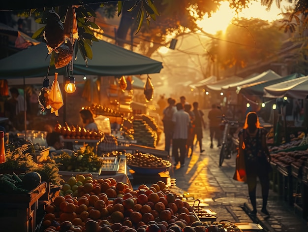 Gratis foto mooie straatmarkt bij zonsondergang