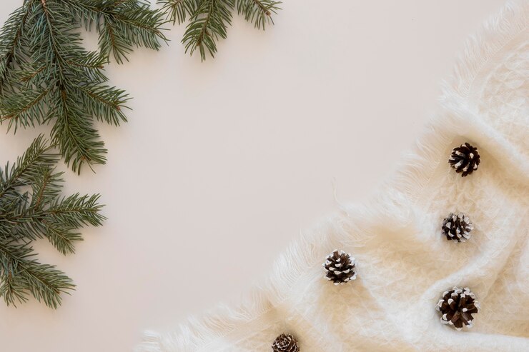 Gratis Foto mooie winter dennenappels op doek bovenaanzicht