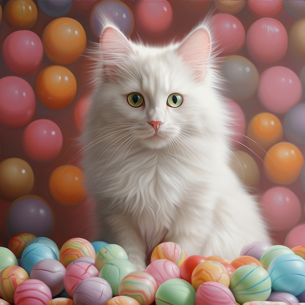 Gratis foto mooie witte kat met ballen binnenshuis