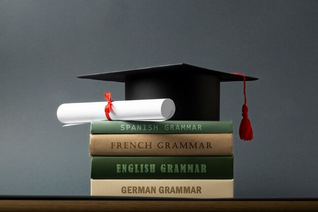 Mortarboard en diploma op grammaticaboeken