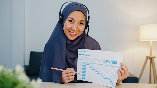 moslimdame draagt een koptelefoon met behulp van een laptop praat met collega's over het verkooprapport in een videoconferentiegesprek terwijl ze 's nachts vanuit een thuiskantoor werkt.