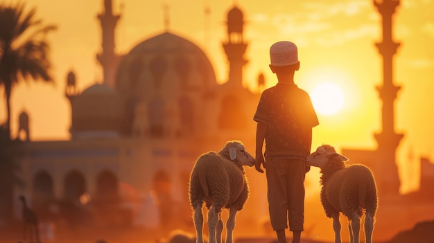 Gratis foto moslims met fotorealistische dieren voorbereid voor het eid al-adha-offer