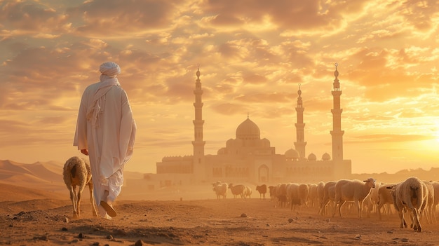 Gratis foto moslims met fotorealistische dieren voorbereid voor het eid al-adha-offer