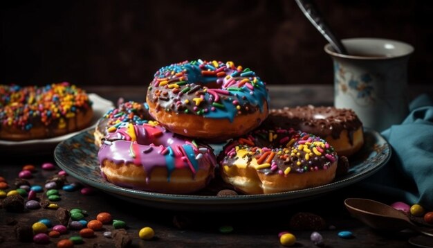 Multi gekleurd dessertarrangement op rustieke houten achtergrond gegenereerd door AI