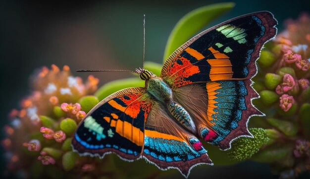 Multi gekleurde vlinder op gele bloem close-up schoonheid generatieve AI