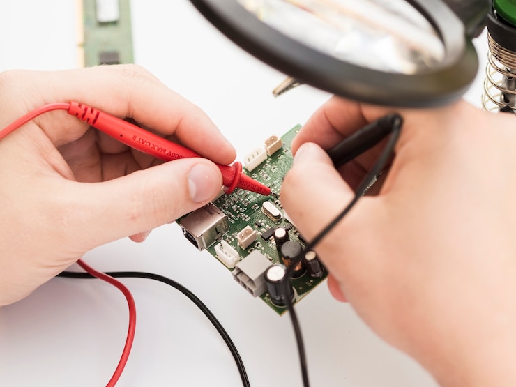 Gratis Foto multimeter gebruiken om een printplaat te controleren