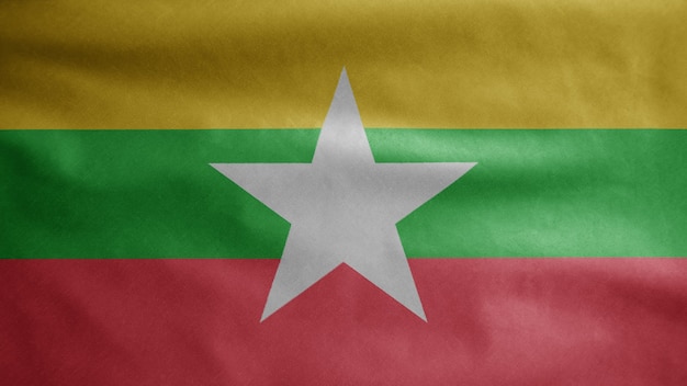 Myanmar vlag zwaaien op de wind. birma banner waait zachte zijde