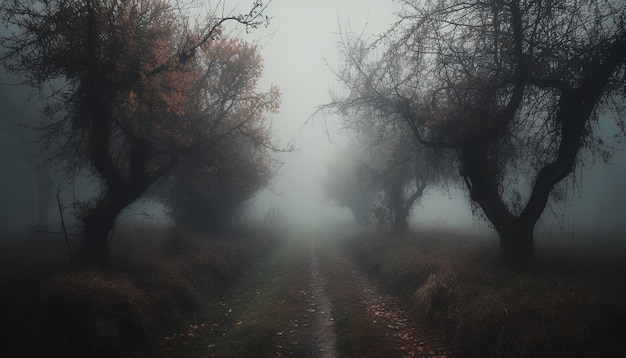 Mysterieus bos in de herfst spookachtig en donker gegenereerd door AI