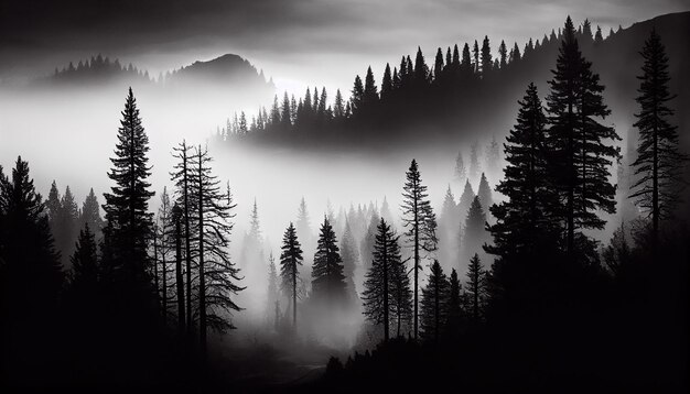 Mysterieuze bos silhouet rustige scène zwart-wit generatieve AI