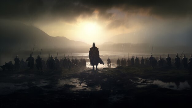 Mythisch videogame geïnspireerd landschap met apocalyptische scène