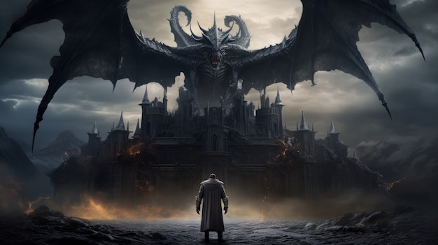 Mythisch videogame geïnspireerd landschap met kasteel en draak