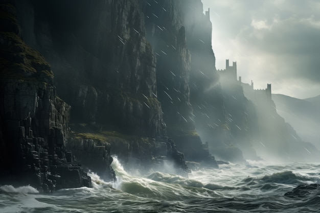 Gratis foto mythisch videogame geïnspireerd landschap met ruige kust