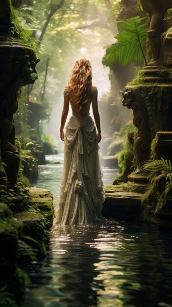 Mythisch videogame geïnspireerd landschap met vrouw in de natuur