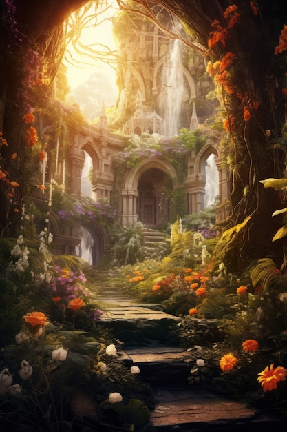Mythisch videospel geïnspireerd landschap met bloemen en architectuur