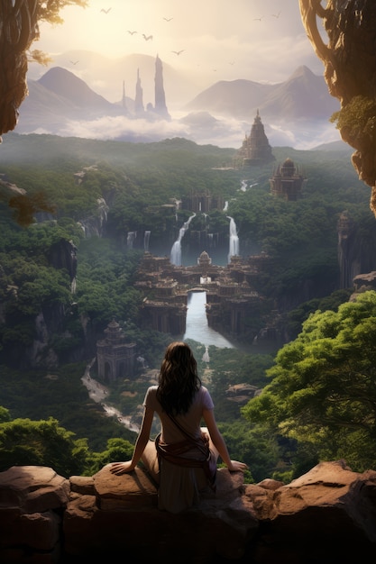 Mythische videogame geïnspireerd landschap met menselijke