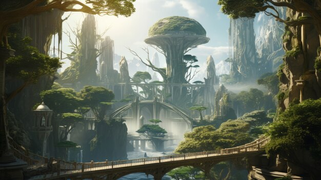 Mythische videogame geïnspireerd landschap met stad