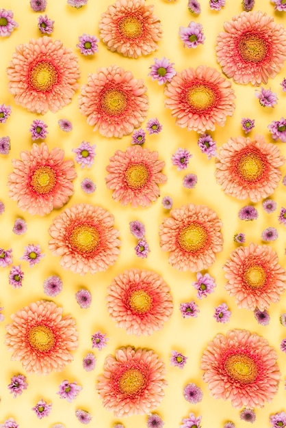 Gratis foto naadloos patroon van grote en uiterst kleine bloemen op gele achtergrond