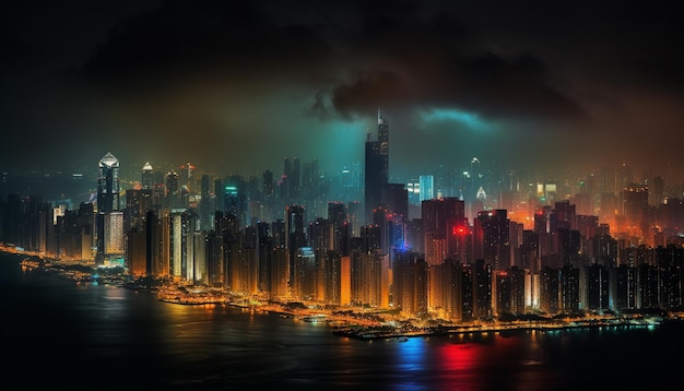 Nacht stadsbeeld met wolkenkrabbers stedelijke skyline en verlichte waterfront gegenereerd door kunstmatige intelligentie