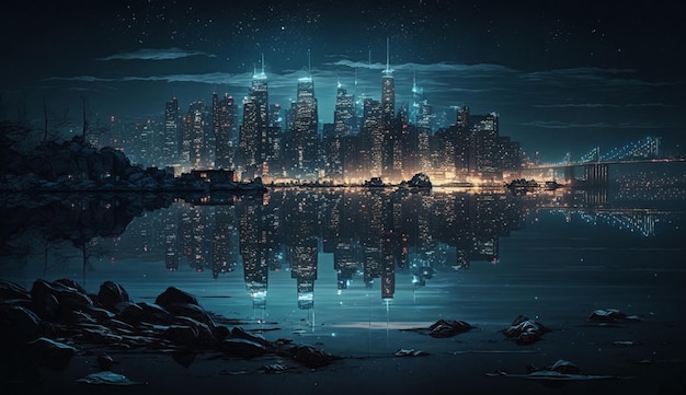 Nachtcityscape met wolkenkrabbers, waterreflectie en architectuur generatieve AI