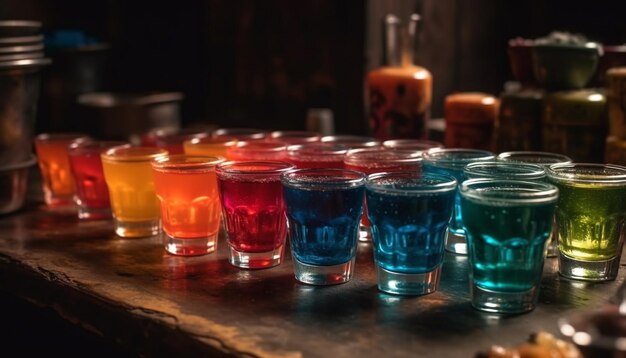 Gratis foto nachtclubfeest met veelkleurige cocktails op een houten bartafel gegenereerd door kunstmatige intelligentie