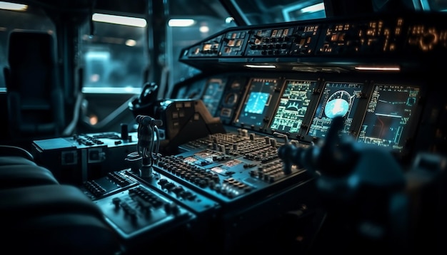 Gratis foto nachtelijke cockpit van commercieel vliegtuig met verlicht bedieningspaneel en snelheidsmeter gegenereerd door ai