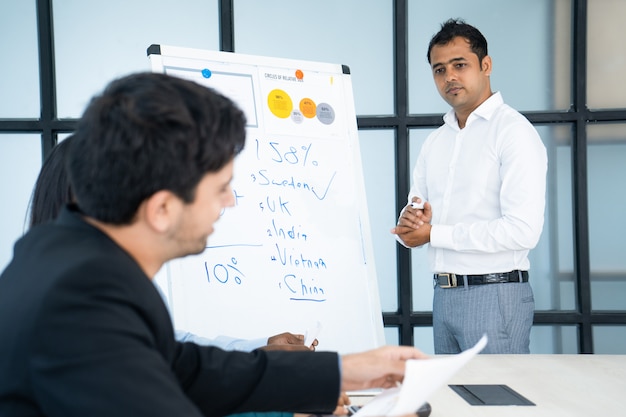 Nadenkend Indiase business trainer luisteren naar vragen van het publiek na de presentatie.