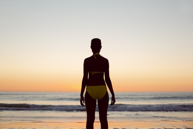 Nadenkende vrouw in bikini die zich op het strand bevindt