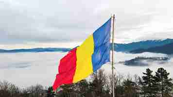 Gratis foto nationale vlag op de top van een heuvel in de buurt van barsov kale bomen lage wolken roemenië