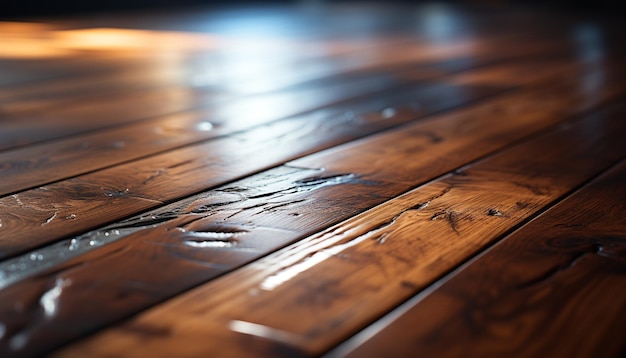 Natte houten plank weerspiegelt regendruppels op een glazen tafel gegenereerd door kunstmatige intelligentie