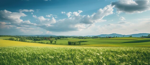 Natuurlijk landschap met groen grasveld van gouden rijpe tarwe AI gegenereerd beeld