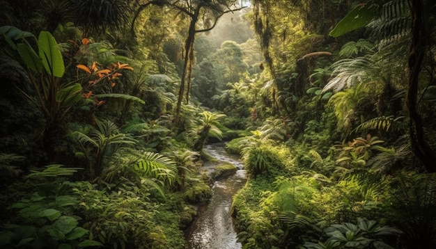 Gratis foto natuurlijke schoonheid in een tropisch regenwoud weelderig groen gebladerte stromend water gegenereerd door kunstmatige intelligentie